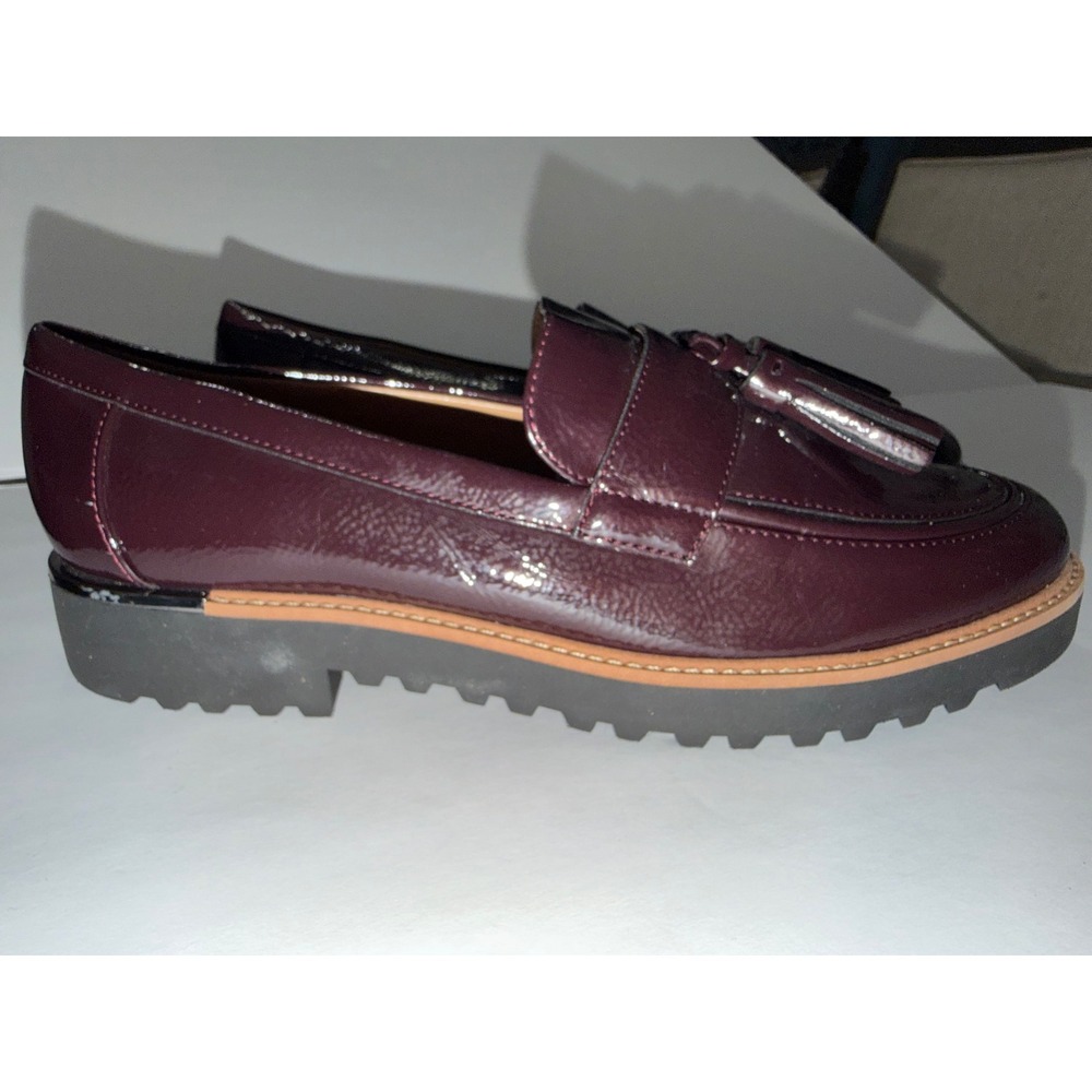 Franco Sarto Womens Burgundy Patent Tassel Lug Sole Loafers Crinkle Leather - Picture 5 of 5